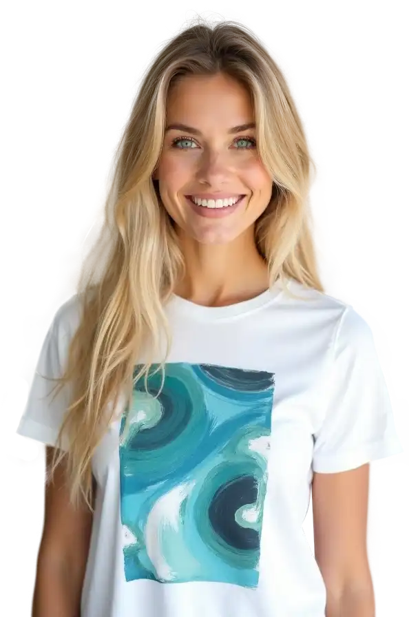 t-shirt Blonde haired model wearing custom abstract printed t-shirt with art print.