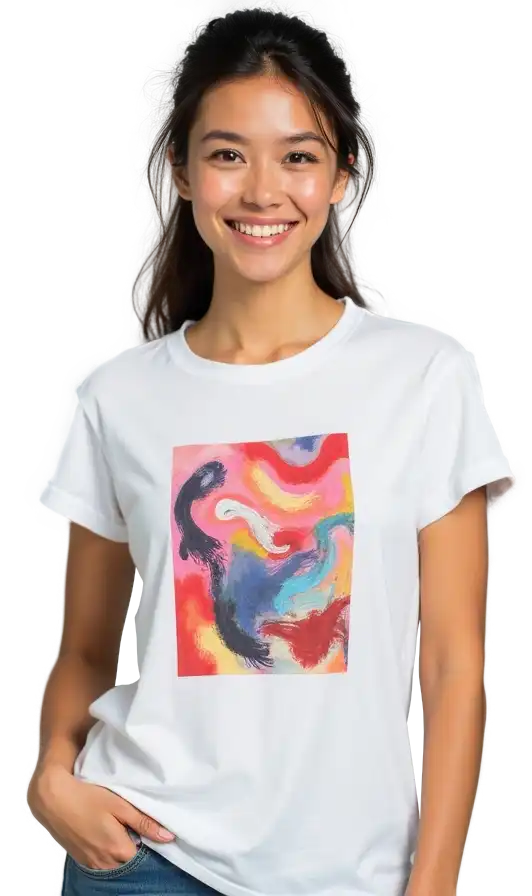 Model wearing white t-shirt with abstract art print